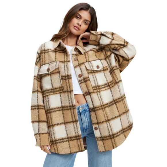 New! Good American Plaid Shacket Brushed Wool Ivory Pecan Stripe Jacket - Picture 1 of 13